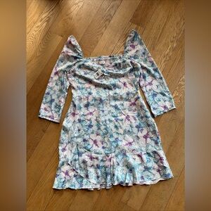 Rahi Womens Blue Floral 3/4 Sleeve Stila Smocked Ruffle Mini Dress Size XL